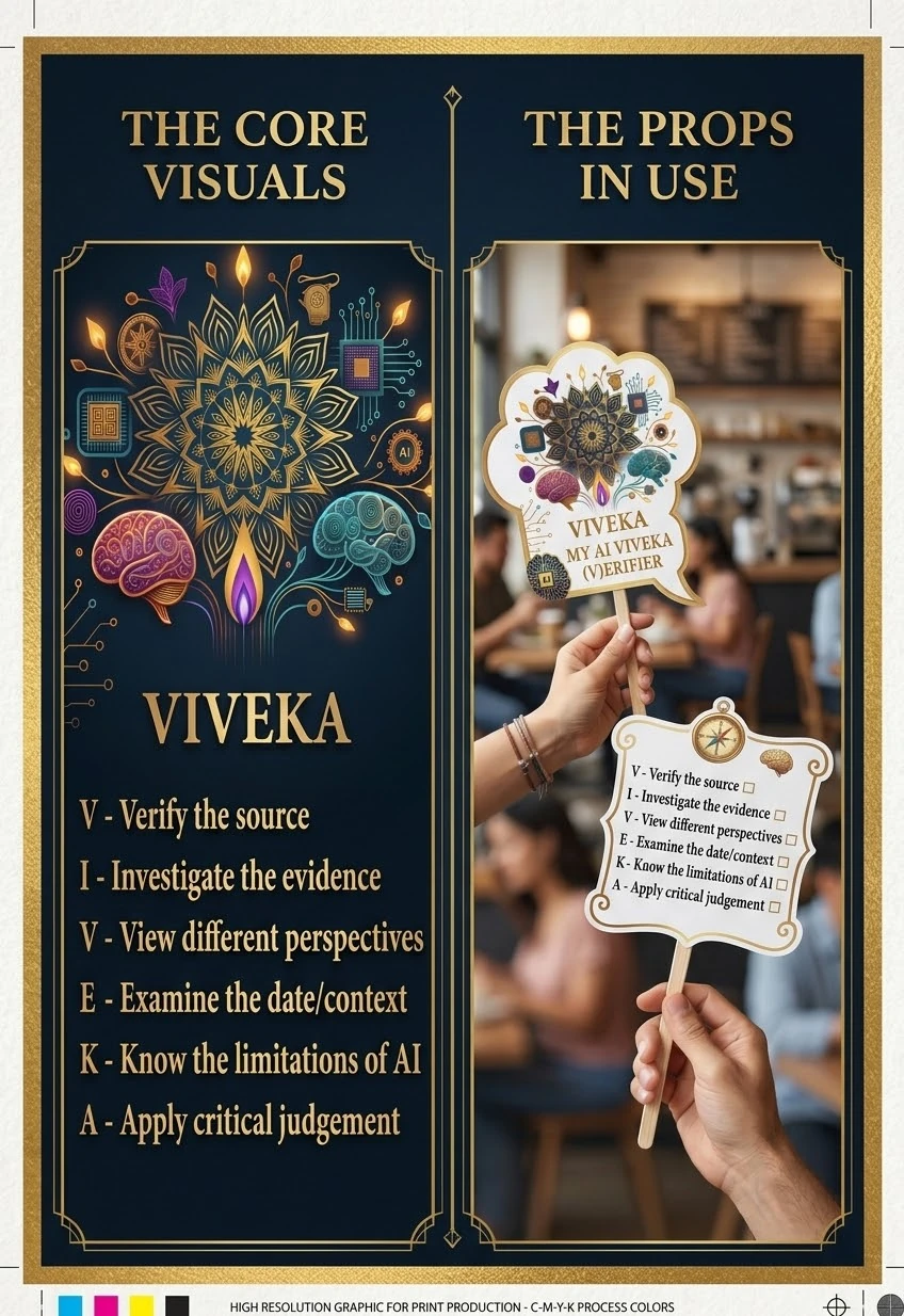 VIVEKA mandala and AI-themed visual alongside handheld verification prompts