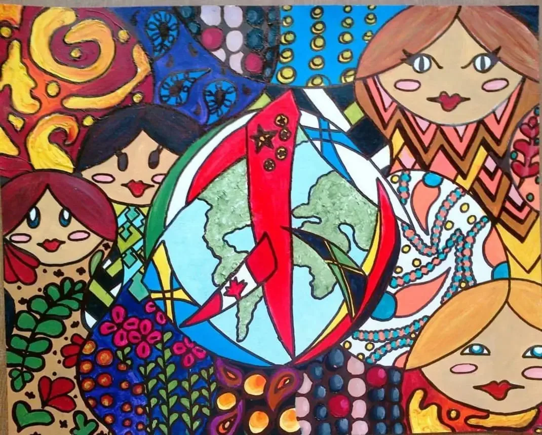 Colourful artwork of people surrounding a globe with a peace symbol